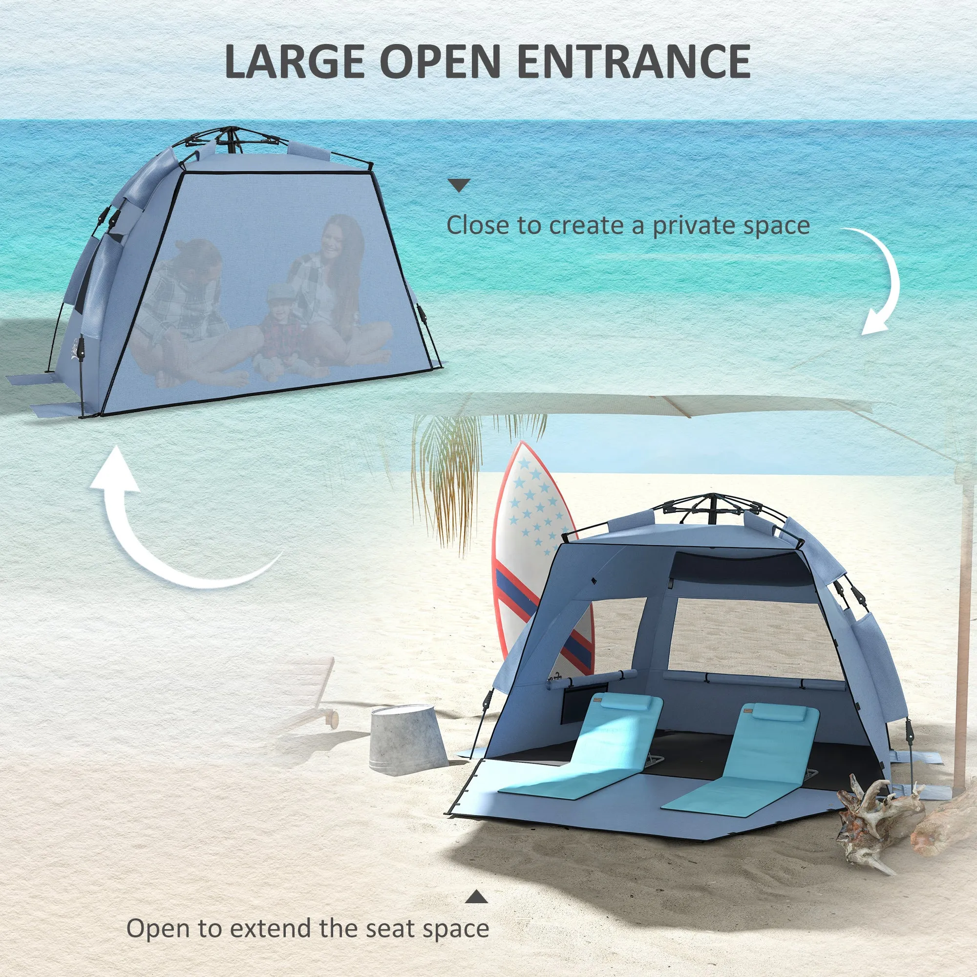 2-3 Person Pop Up Beach Tent, UPF15  Sun Shelter with Extended Floor, Sandbags, Mesh Windows and Carry Bag, Blue