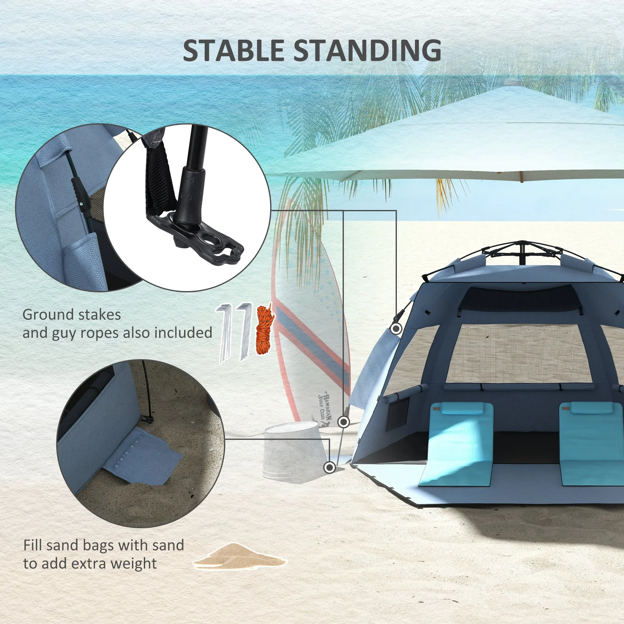 2-3 Person Pop Up Beach Tent, UPF15  Sun Shelter with Extended Floor, Sandbags, Mesh Windows and Carry Bag, Blue