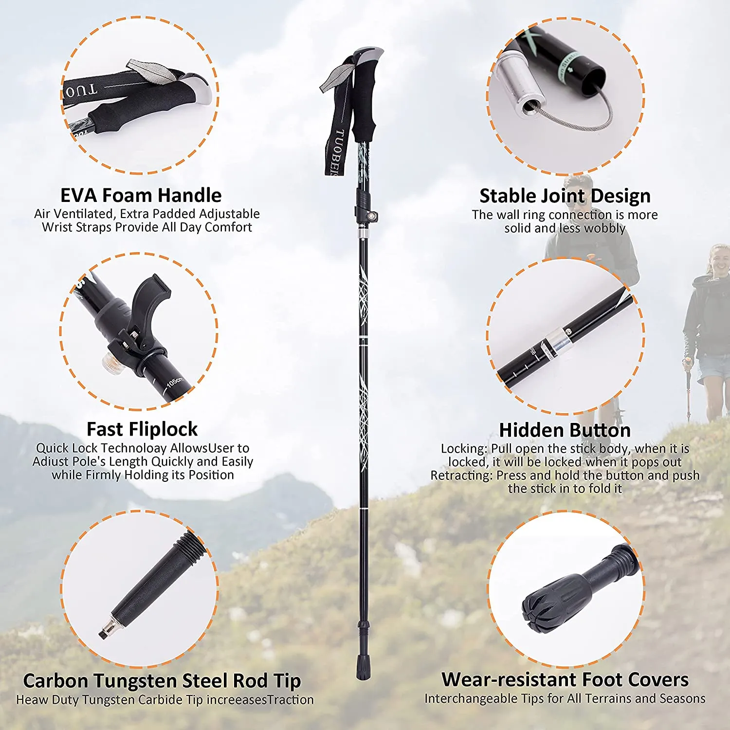 Aluminum Alloy Foldable Ultralight Hiking Pole-Black