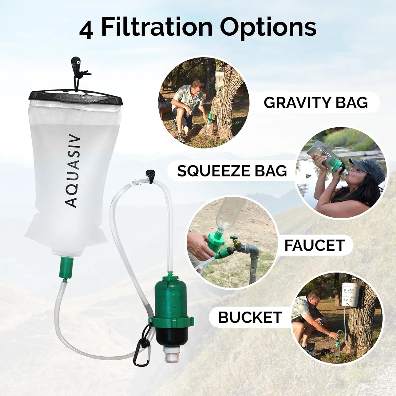 AQUASIV Basecamp Complete filter kit with HFM & Carbon filters, squeeze bag, gravity bag, and many accessories