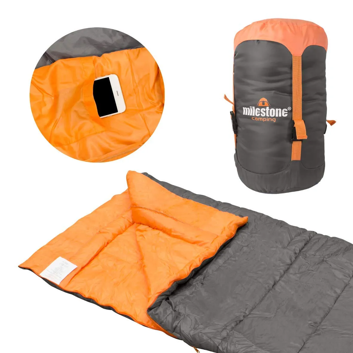 Milestone Camping, Grey, 26730 Single Envelope Sleeping Bag | 3 Season | Double Insulation | Full Length Dual Zip | Grey & Orange | Packs Down Tight | 210cm x 85cm