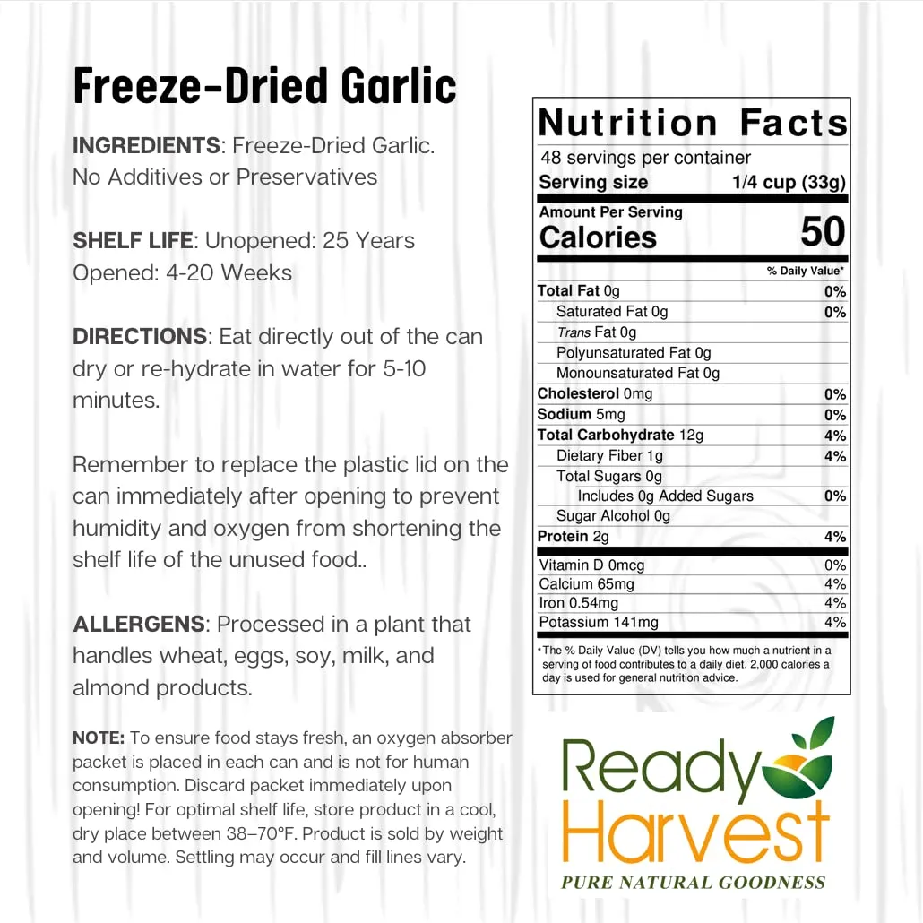 Ready Harvest Freeze-Dried Garlic - 25 Year Shelf Life - #10 Can