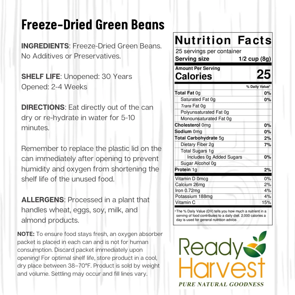 Ready Harvest Freeze-Dried Green Beans - 30 Year Shelf Life - Six #10 Cans