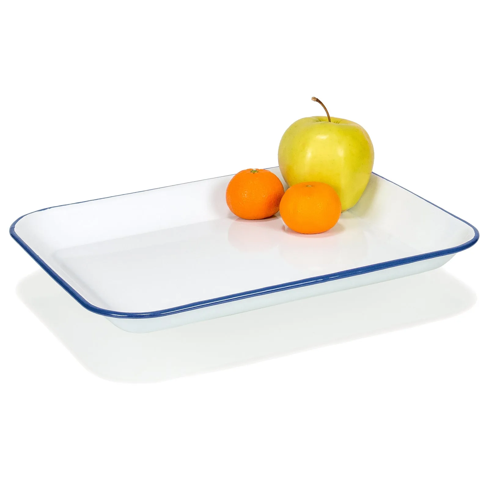 Red Co. 13.5” x 10” Enamelware Metal Classic 1.6-Quart Rectangular Serving Tray, Solid White/Navy Blue Rim