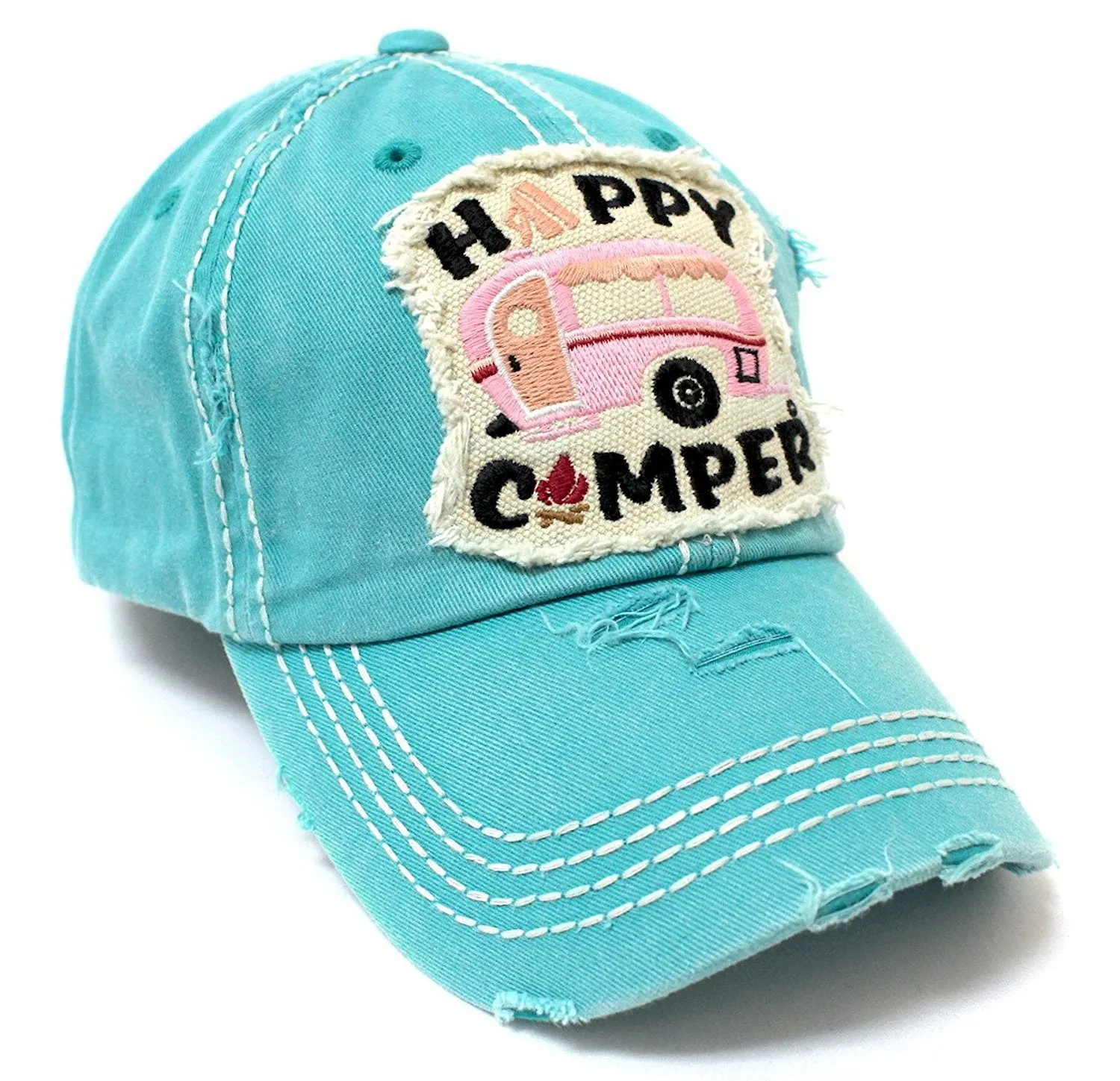 TIFFANY BLUE Happy Camper Camp Fire Patch Embroidery Baseball Hat