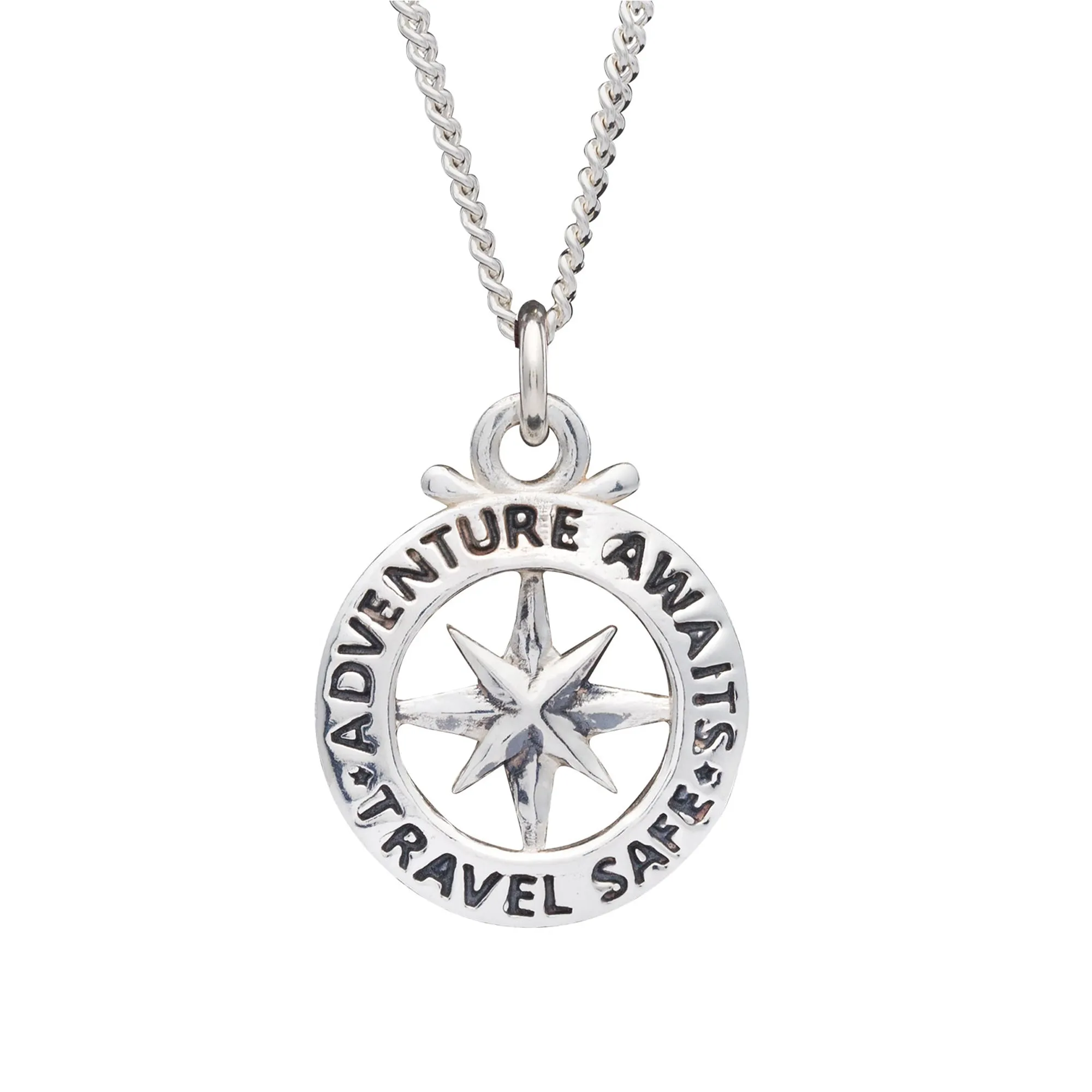 Travel Safe Outline Compass Large St Christopher Silver Necklace