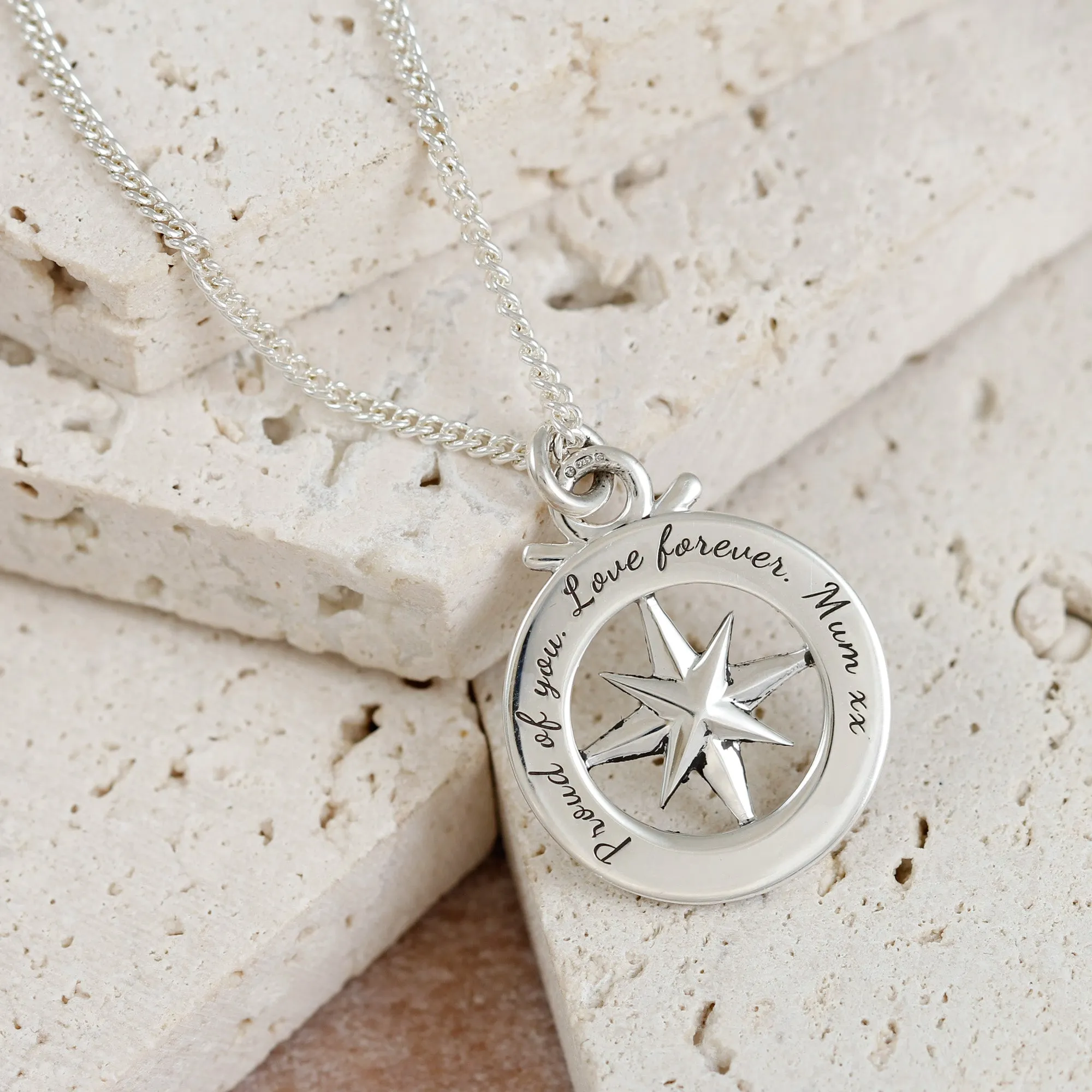 Travel Safe Outline Compass Large St Christopher Silver Necklace