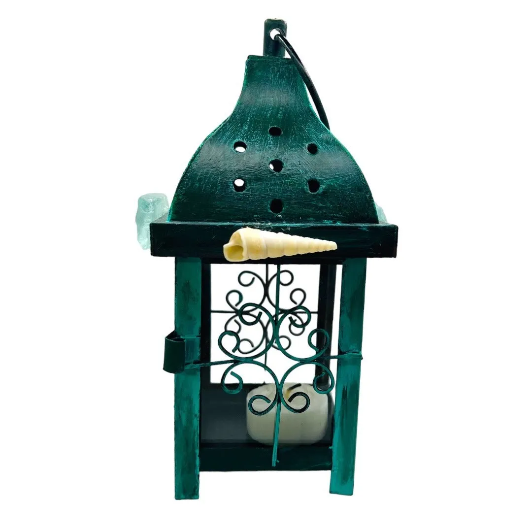 Upcycled  Metal Lantern with Sea Glass & Conch, Hand-Painted