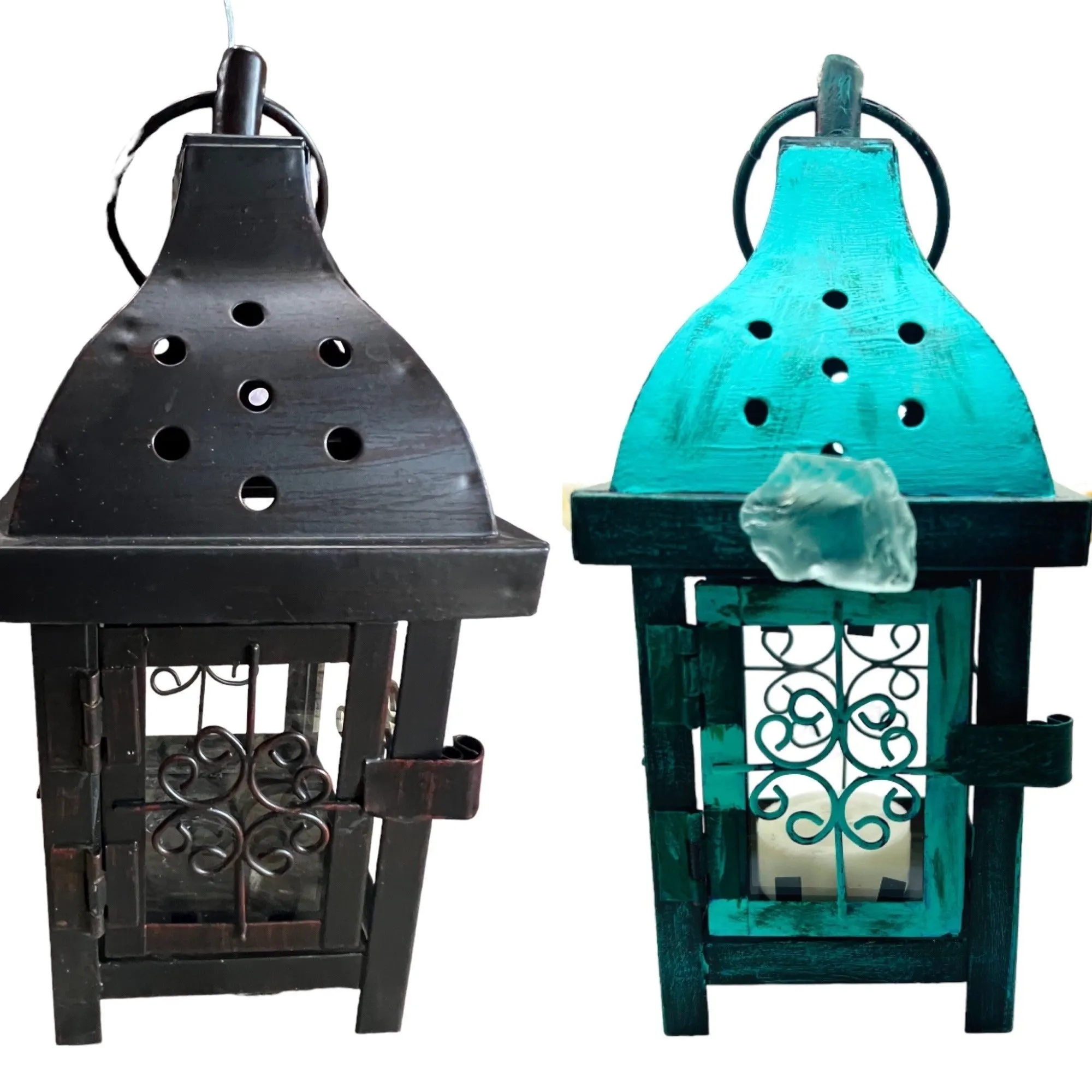 Upcycled  Metal Lantern with Sea Glass & Conch, Hand-Painted