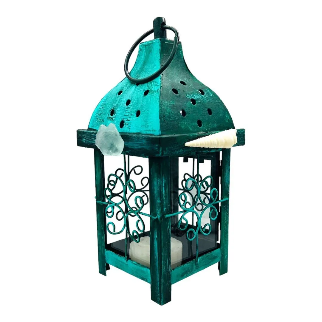 Upcycled  Metal Lantern with Sea Glass & Conch, Hand-Painted