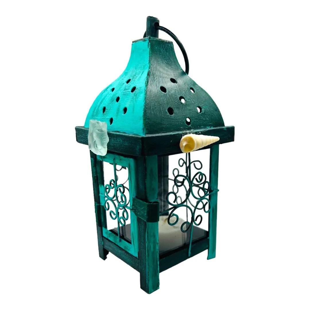 Upcycled  Metal Lantern with Sea Glass & Conch, Hand-Painted