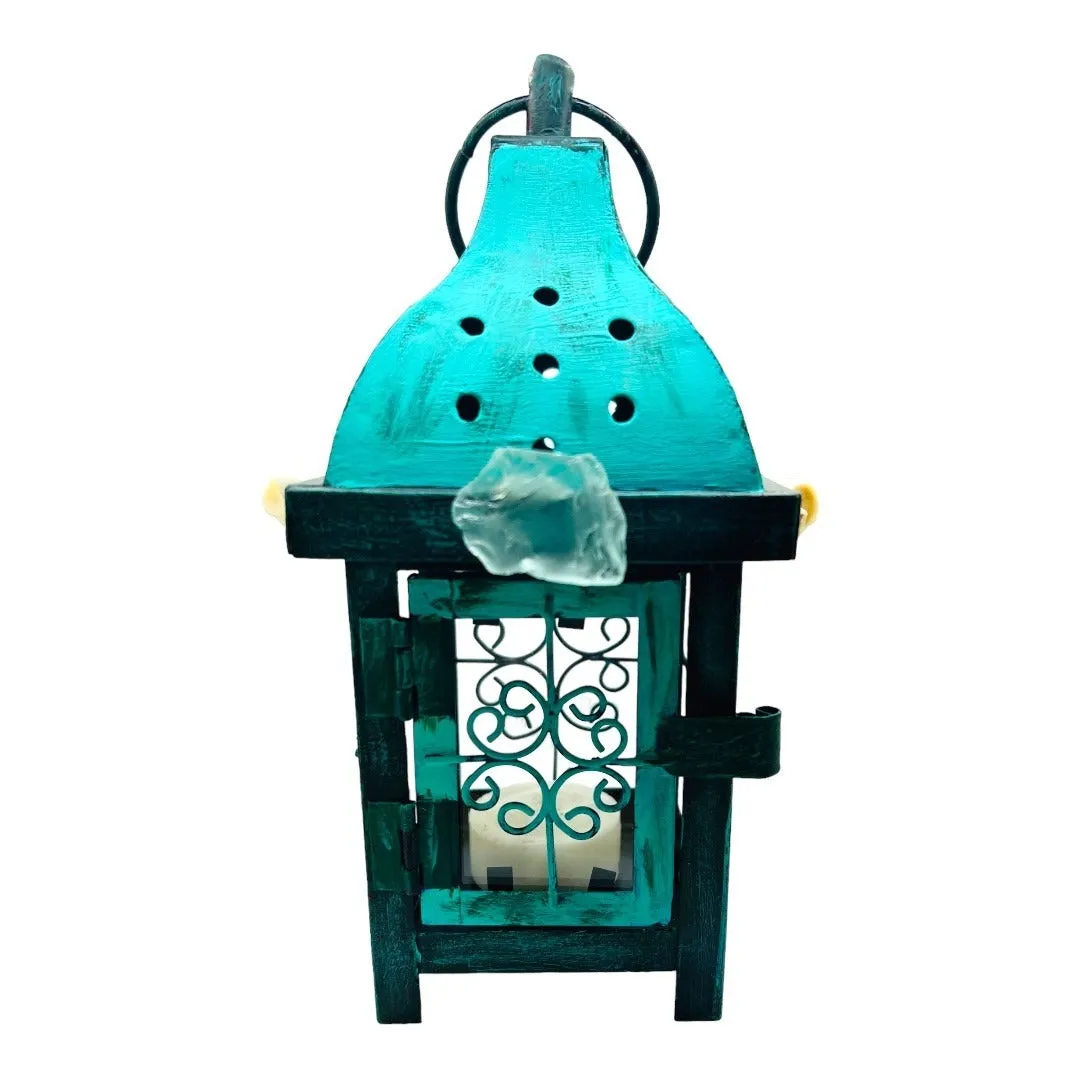 Upcycled  Metal Lantern with Sea Glass & Conch, Hand-Painted